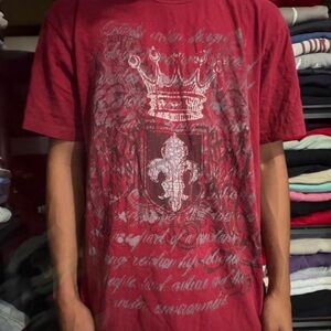 Vintage Y2K Affliction Style Red Graphic Tee Fleur De Lis